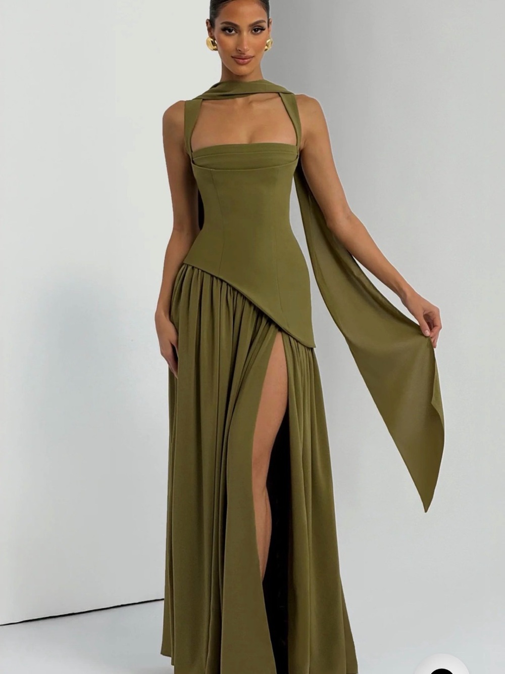 Olive Green Draped High-Slit Evening Gown with Scarf Detail